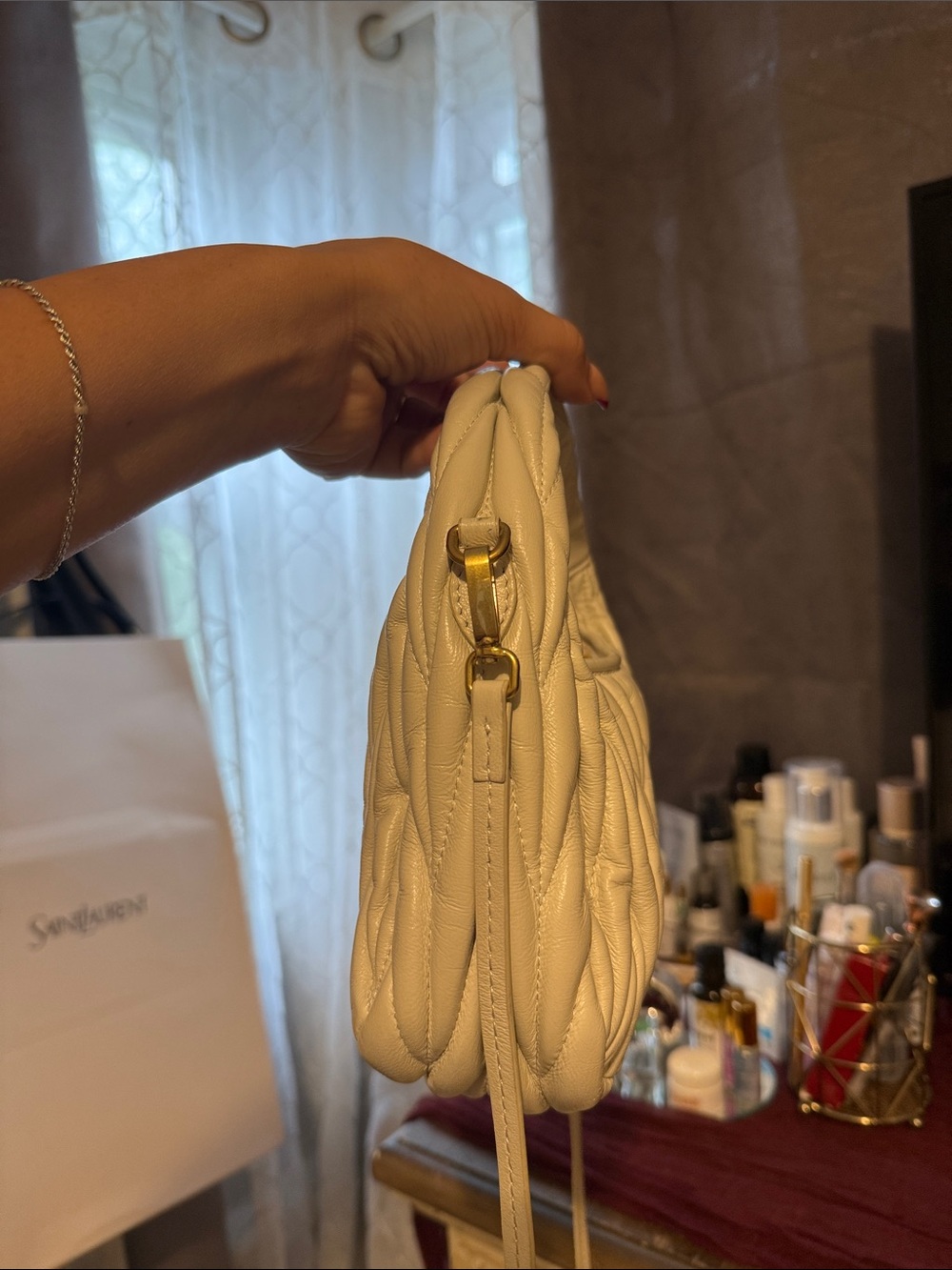 Second Hand Miu Miu Cream Quilted Matelassé Mini hand Bag with Gold Hardware - Picture 13 of 16
